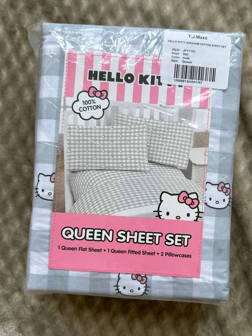 Hello Kitty Gray Gingham Plaid Queen Sheet Set